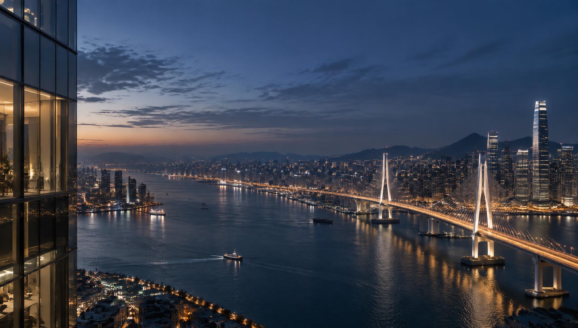 Illuminated bridge connecting an international city at dusk