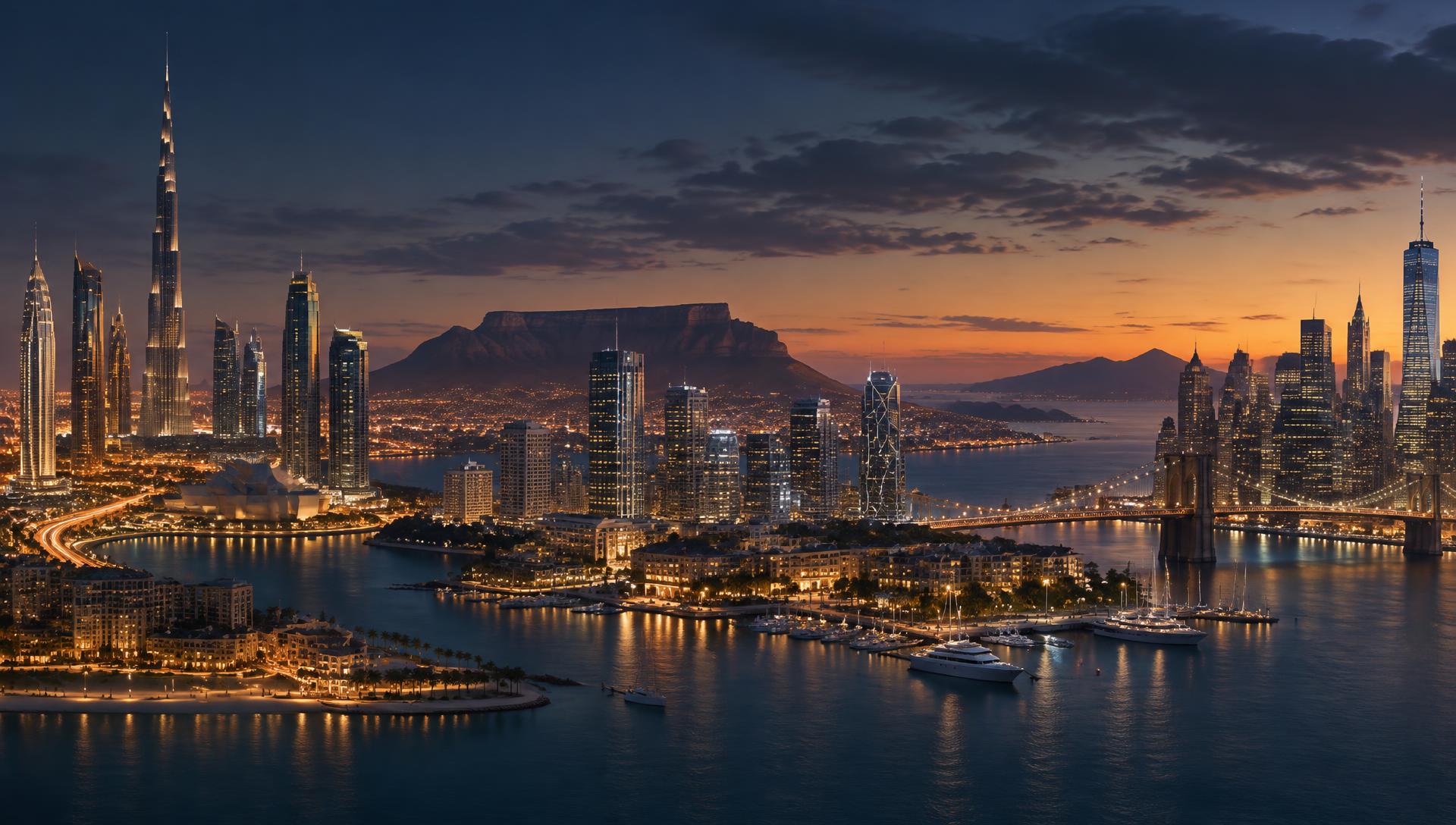 Global skylines and international markets at dusk